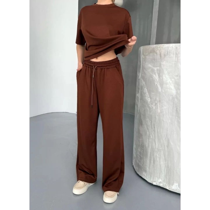 Osy Modal Yumuşak Dokulu Kumaş Kısa Kollu Bluz Rahat Pantalon ikili Takım- Kahverengi