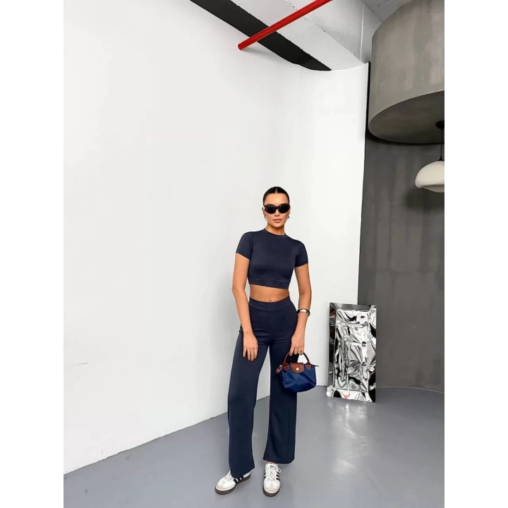 Osy Modal Yumuşak Dokulu Kumaş Kısa Kollu Crop Alt ispanyol Paça Pantalon ikili Takım - Füme