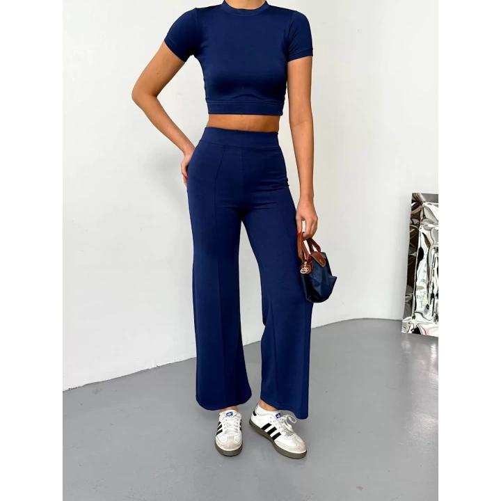 Osy Modal Yumuşak Dokulu Kumaş Kısa Kollu Crop Alt ispanyol Paça Pantalon ikili Takım - Lacivert