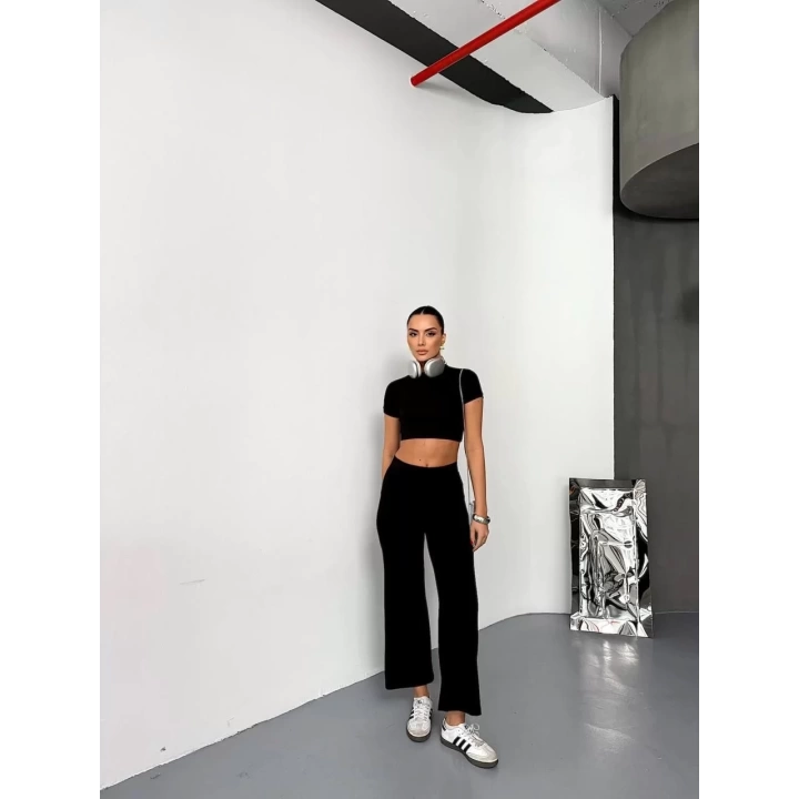 Osy Modal Yumuşak Dokulu Kumaş Kısa Kollu Crop Alt ispanyol Paça Pantalon ikili Takım - Siyah