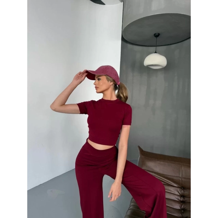 Osy Modal Yumuşak Dokulu Kumaş Kısa Kollu Crop Rahat Pantalon ikili Takım - Bordo