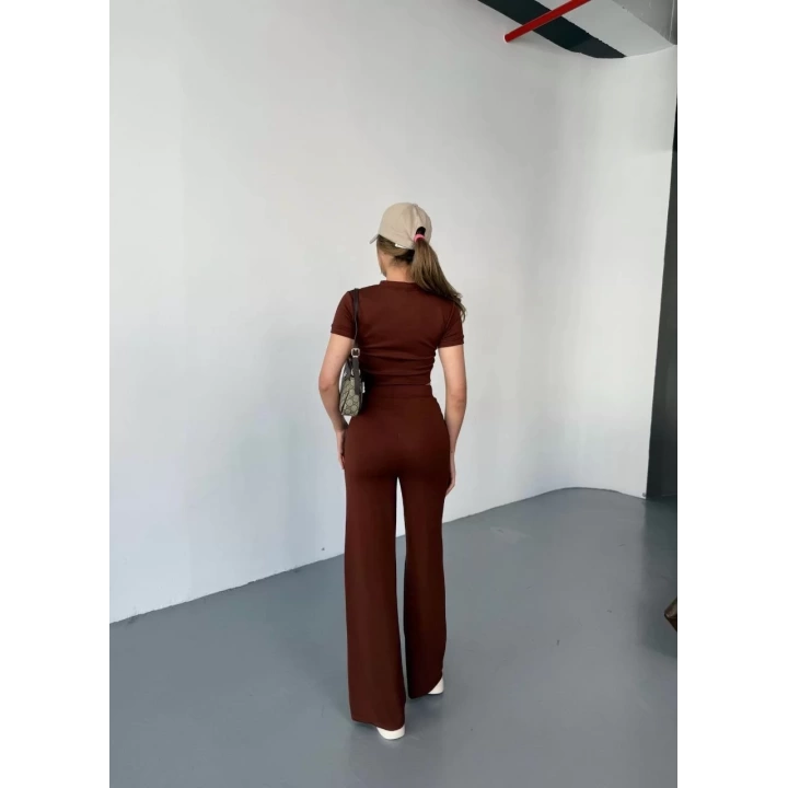 Osy Modal Yumuşak Dokulu Kumaş Kısa Kollu Crop Rahat Pantalon ikili Takım - Kahverengi