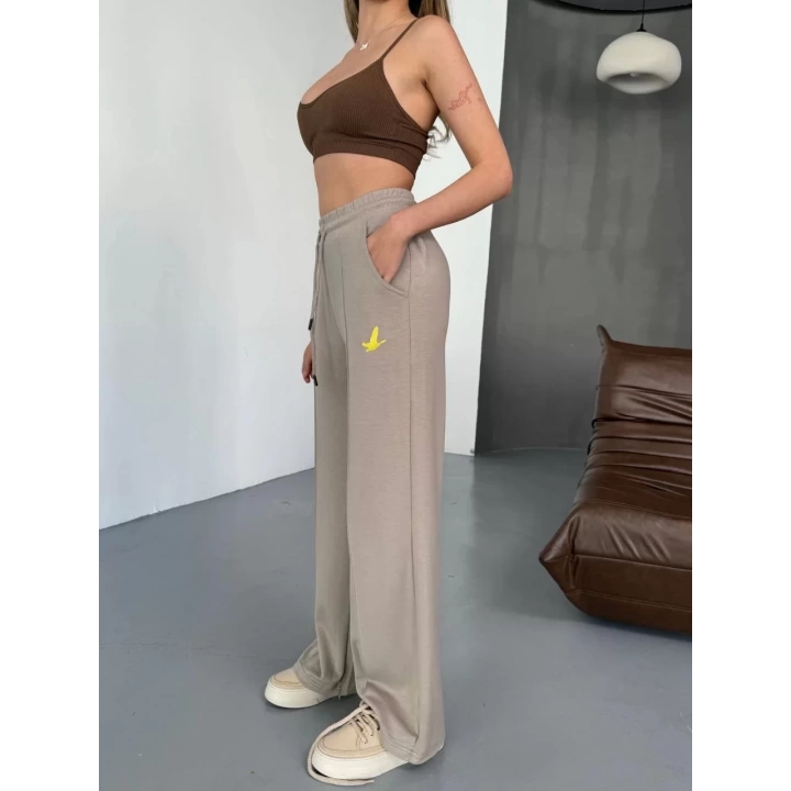 Osy Modal Yumuşak Dokulu Kumaş Nakış işlemeli Rahat Bol Paça Eşofman Pantalon - Bej
