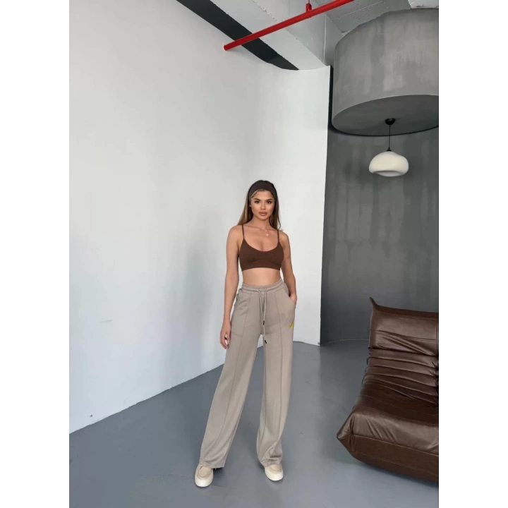 Osy Modal Yumuşak Dokulu Kumaş Nakış işlemeli Rahat Bol Paça Eşofman Pantalon - Bej