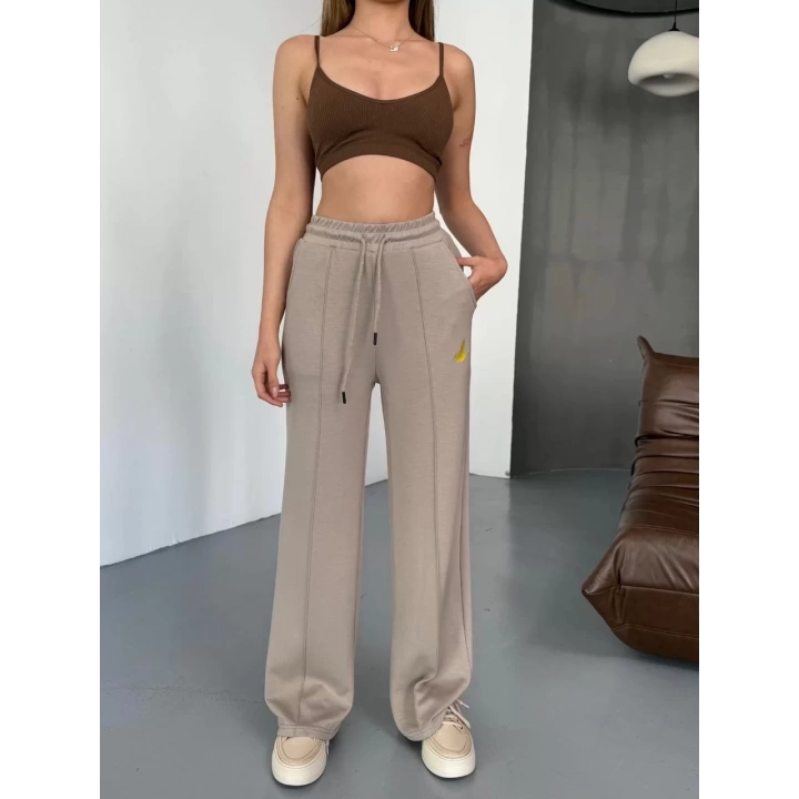 Osy Modal Yumuşak Dokulu Kumaş Nakış işlemeli Rahat Bol Paça Eşofman Pantalon - Bej