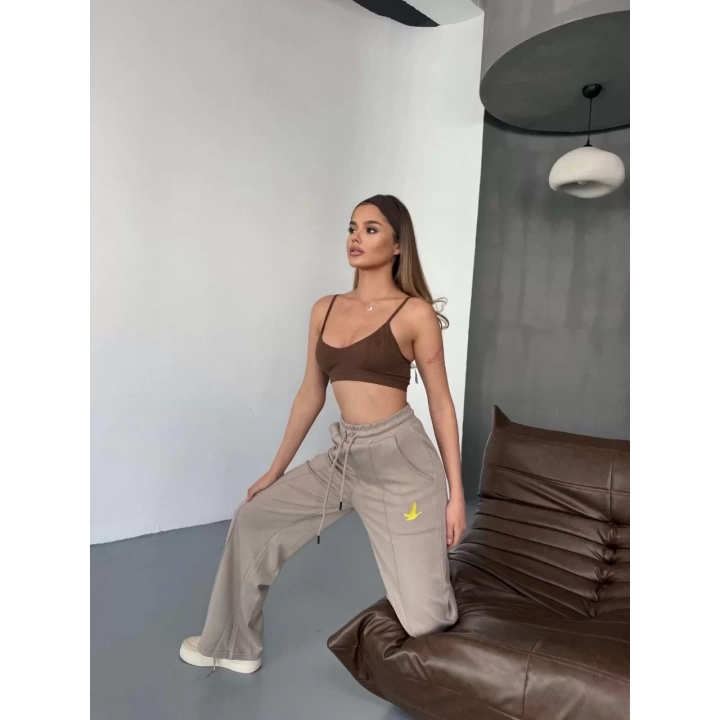 Osy Modal Yumuşak Dokulu Kumaş Nakış işlemeli Rahat Bol Paça Eşofman Pantalon - Bej