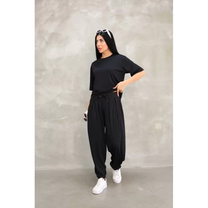 Osy Modal Yumuşak Dokulu Kumaş Oversize Bisiklet Yaka T-shirt Jogger Eşofman Altı Eşofman Takımı - Siyah