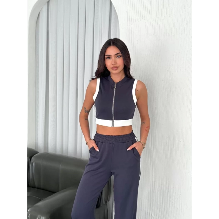 Osy Modal Yumuşak Dokulu Kumaş Tam Fermuarlı Crop Pantalon İkili Takım - Antrasit