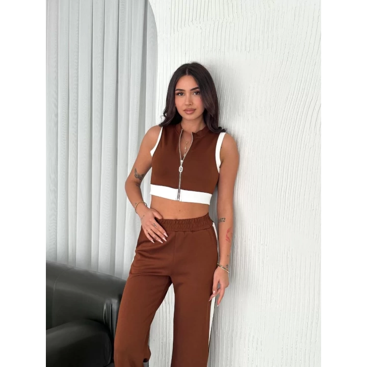 Osy Modal Yumuşak Dokulu Kumaş Tam Fermuarlı Crop Pantalon İkili Takım - Kahverengi