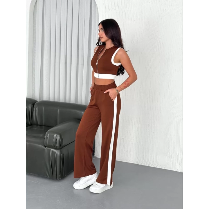 Osy Modal Yumuşak Dokulu Kumaş Tam Fermuarlı Crop Pantalon İkili Takım - Kahverengi