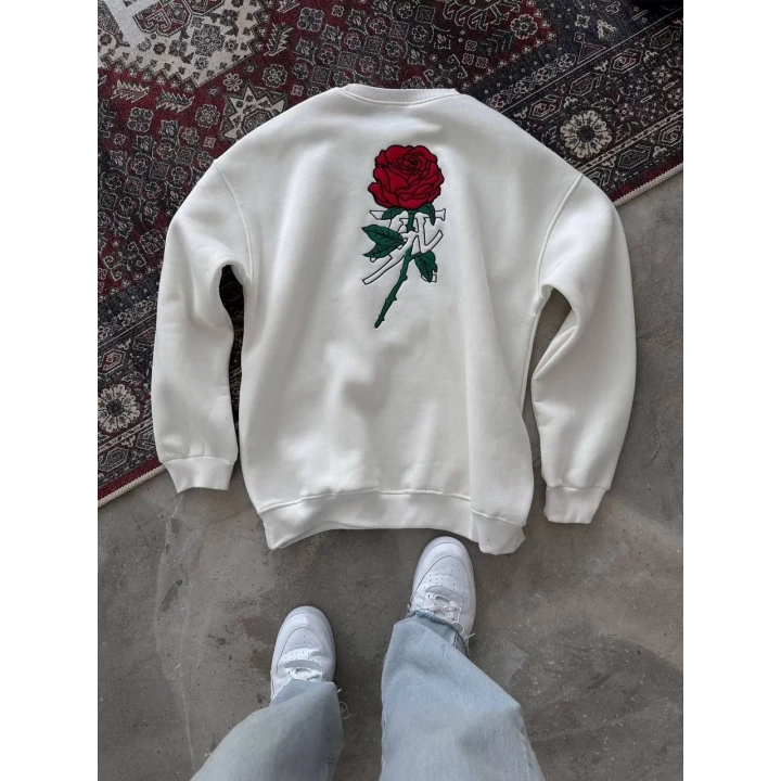 Oversize Üç İplik Bisiklet Yaka Baskılı SweatShirt - Beyaz