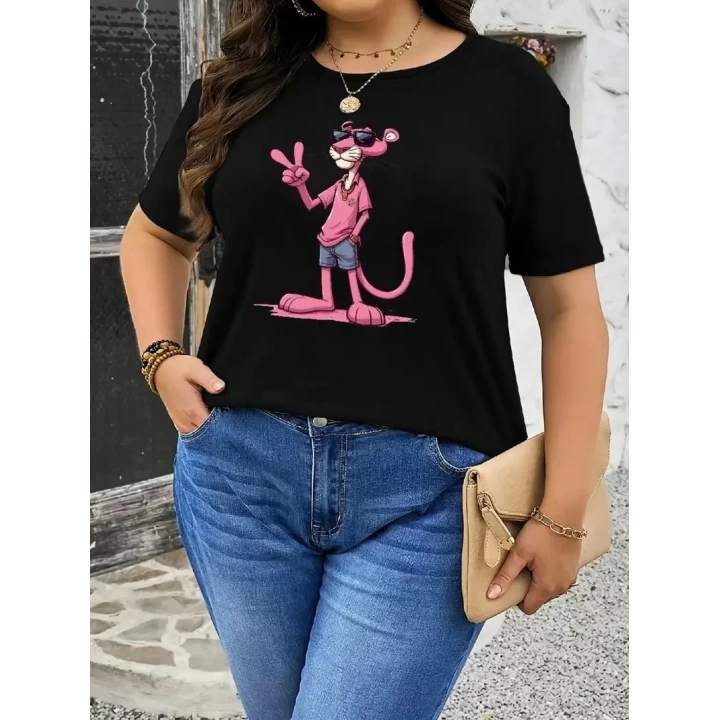 Pembe Panter Baskılı Oversize Bisiklet Yaka T-shirt - Beyaz