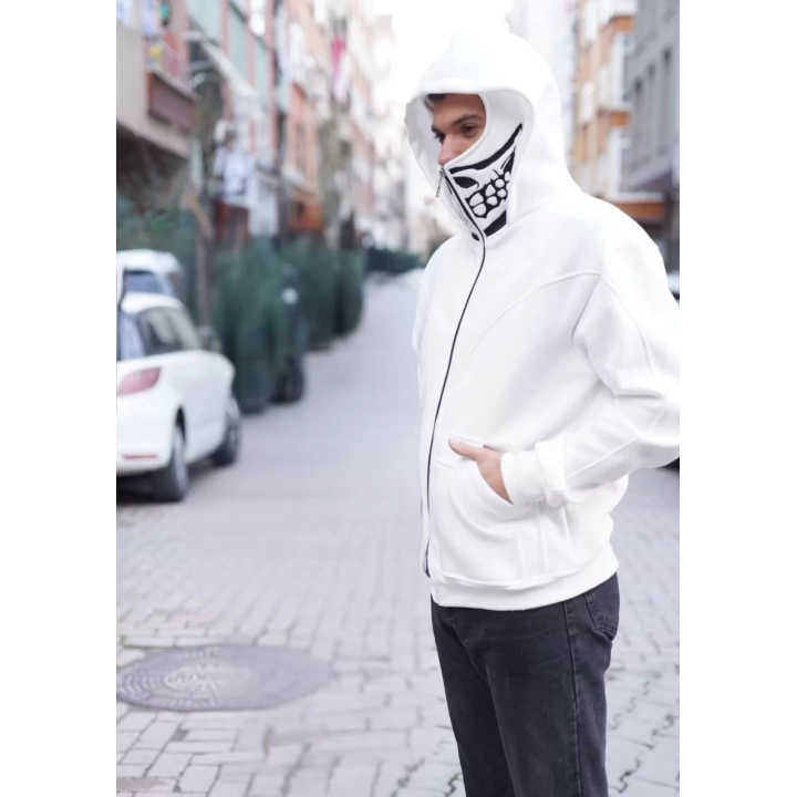 Samuray Kapşonlu ZIP Fermuarlı Çift Kapşonlu Nakışlı SweatShirt- Beyaz