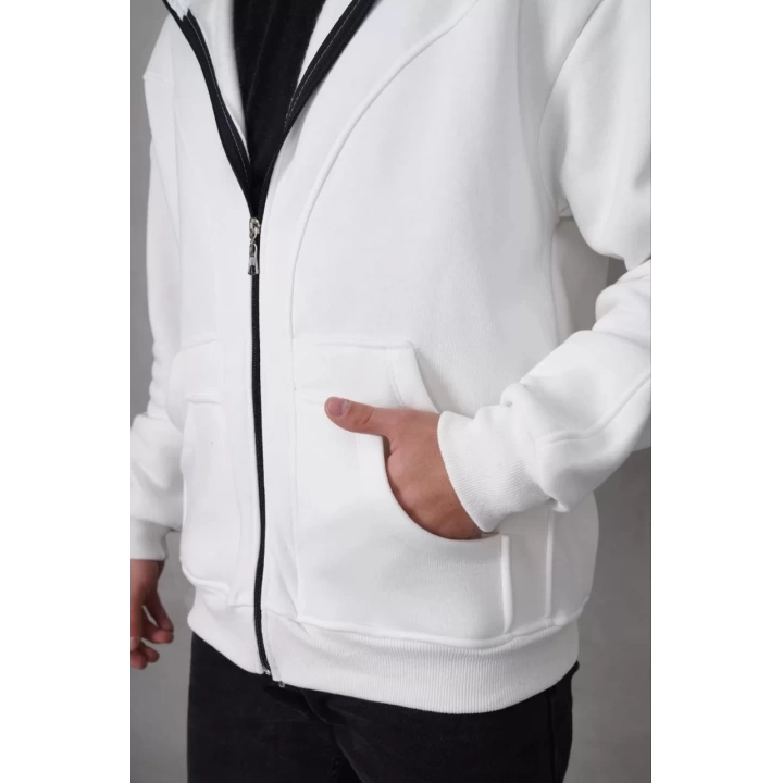 Samuray Kapşonlu ZIP Fermuarlı Çift Kapşonlu Nakışlı SweatShirt- Beyaz