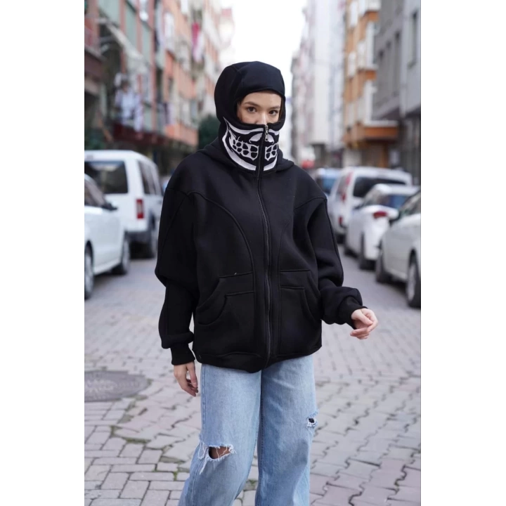 Samuray Kapşonlu ZIP Fermuarlı Çift Kapşonlu Nakışlı SweatShirt- Siyah