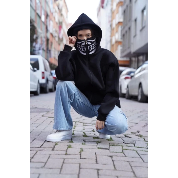 Samuray Kapşonlu ZIP Fermuarlı Çift Kapşonlu Nakışlı SweatShirt- Siyah