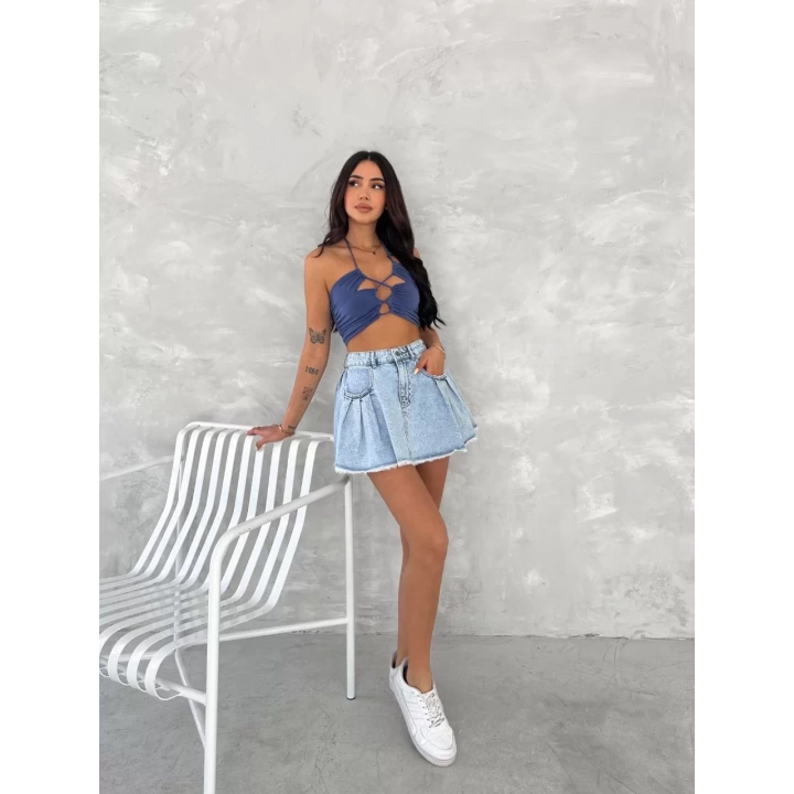 Şık Pileli Yazlık Mini Etekli Kot- Açık Mavi