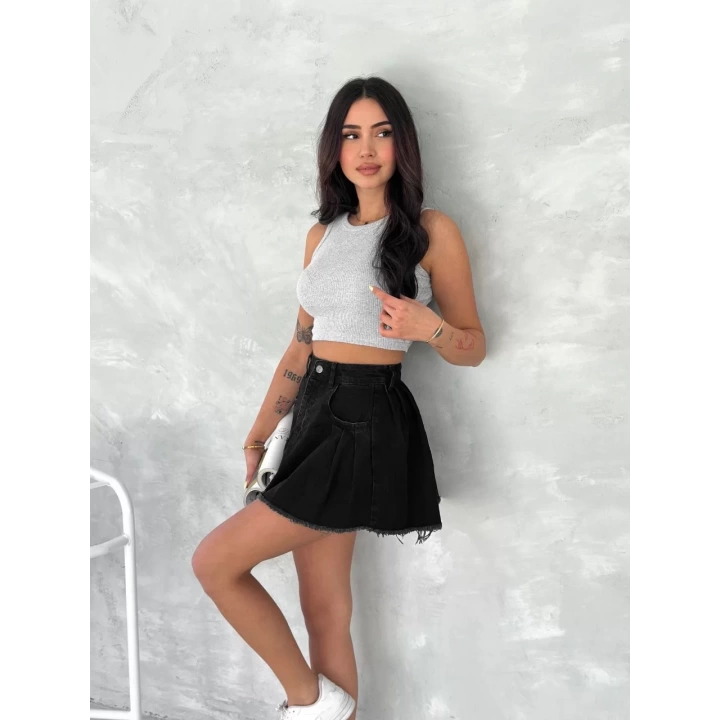 Şık Pileli Yazlık Mini Etekli Kot- Siyah