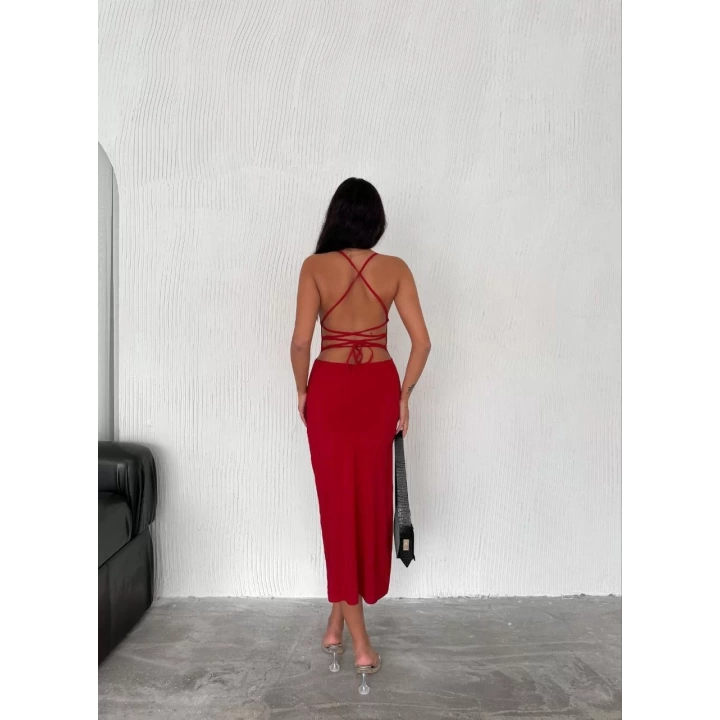 Sırt Bağlamalı Derin Yirtmaç Askılı Elbise - Kırmızı