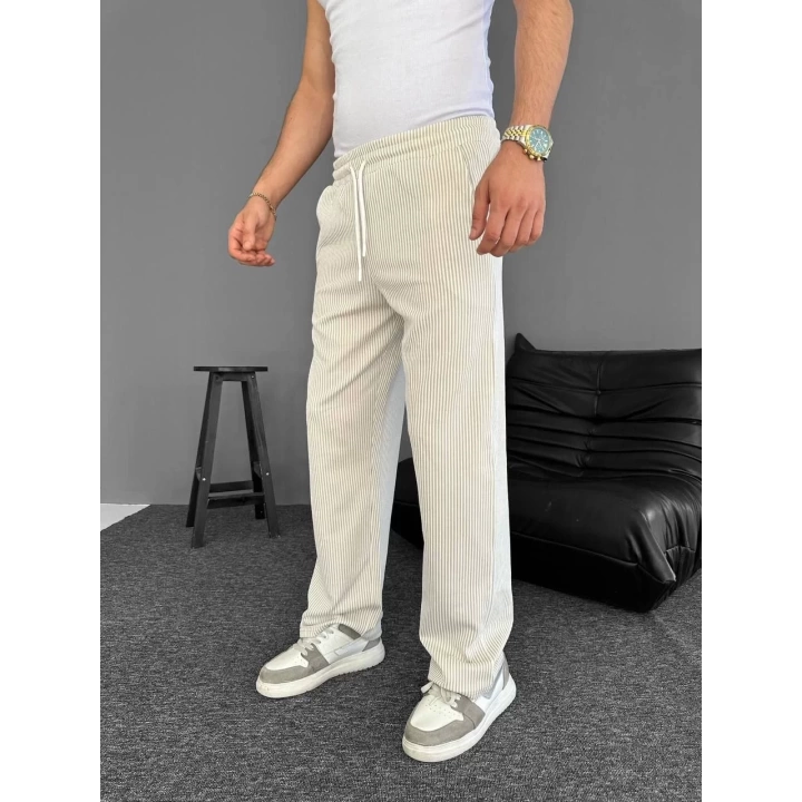 Su Yolu Çizgili Cepli Pantalon - Bej