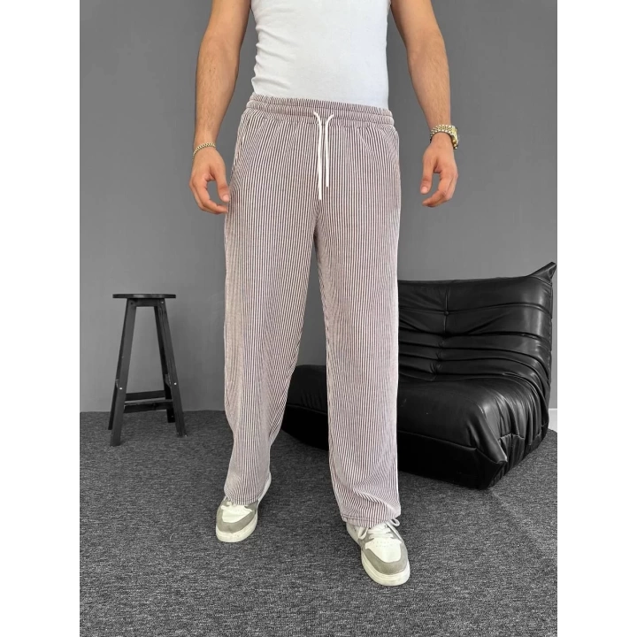 Su Yolu Çizgili Cepli Pantalon - Kahverengi