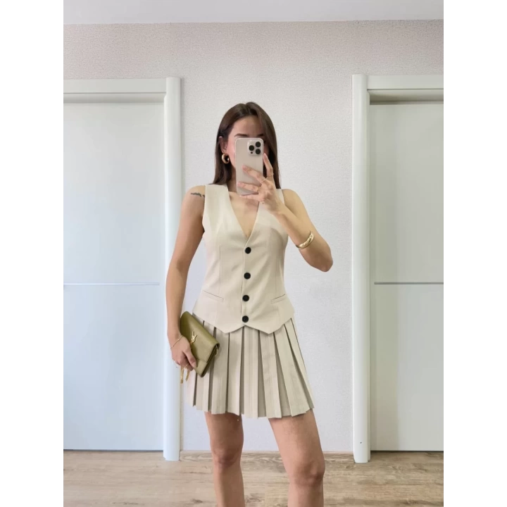 Takım Görünümlu Yelekli Mini Elbise- Bej