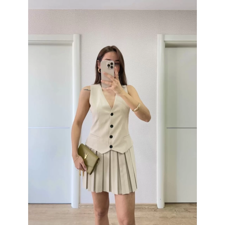 Takım Görünümlu Yelekli Mini Elbise- Bej
