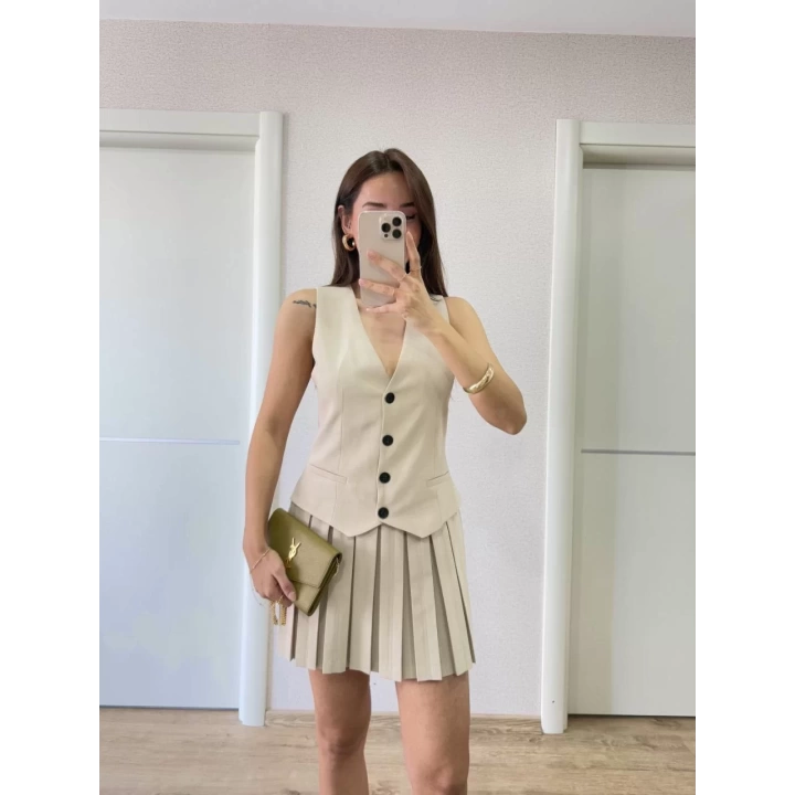 Takım Görünümlu Yelekli Mini Elbise- Bej