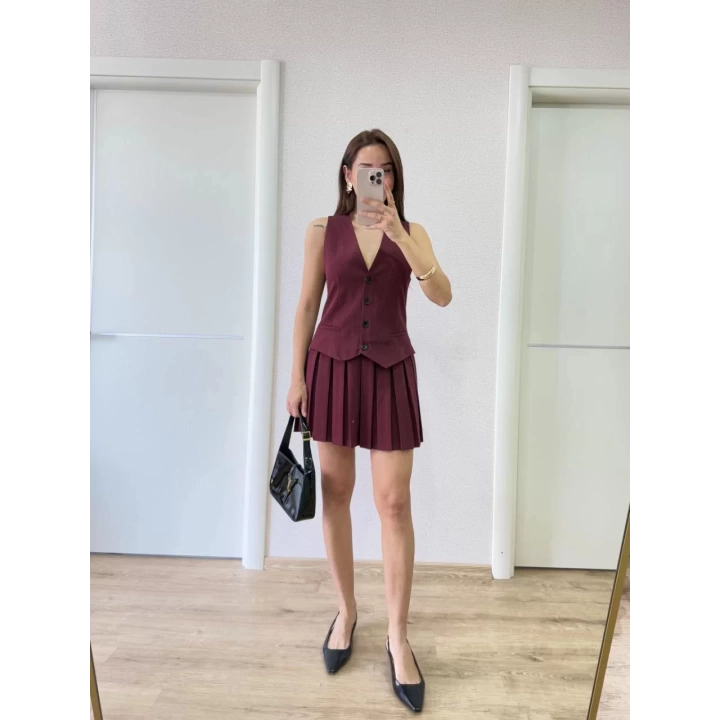Takım Görünümlu Yelekli Mini Elbise- Bordo