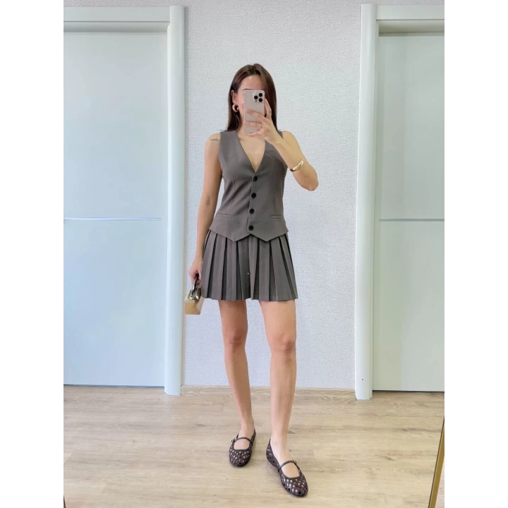 Takım Görünümlu Yelekli Mini Elbise- Füme