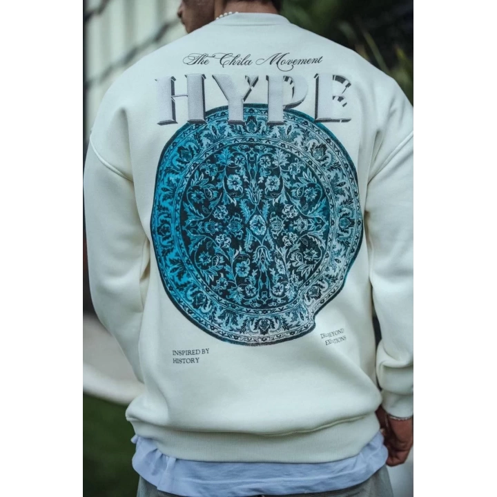 Üç İplik Bisiklet Yaka Baskılı SweatShirt - Beyaz