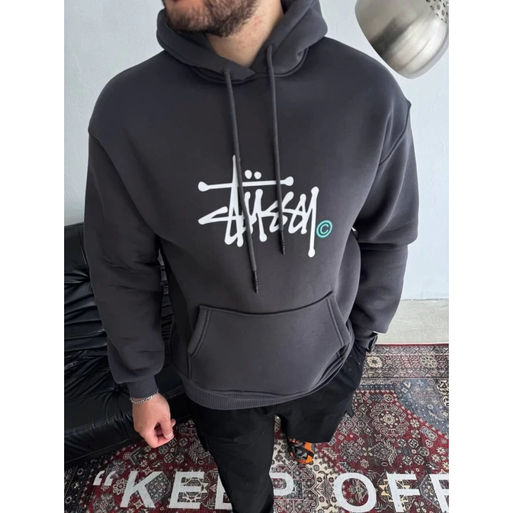 Üç İplik Kapşonlu Baskılı SweatShirt - Füme