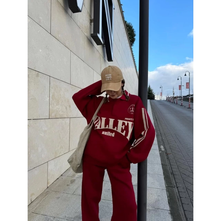 Üç İplik Yakalı Sweat Baggy Pantalonlu Takım - Bordo