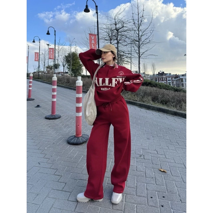 Üç İplik Yakalı Sweat Baggy Pantalonlu Takım - Bordo