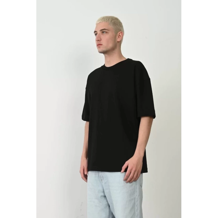 Unisex Basic Bisiklet Yaka Oversize T-Shirt - Siyah