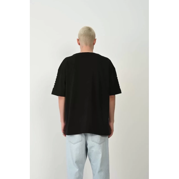 Unisex Baskılı Bisiklet Yaka Oversize T-Shirt - Siyah