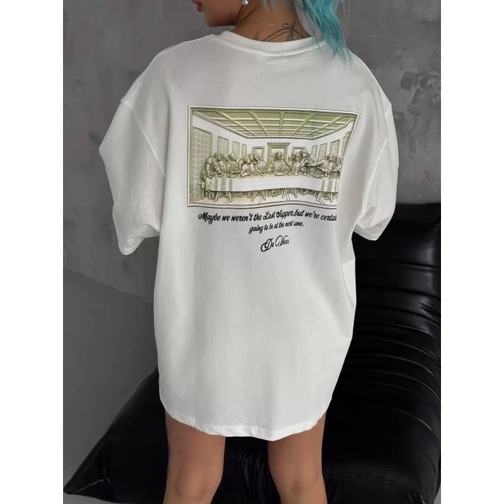 Unisex Baskılı Oversize T-Shirt - Beyaz