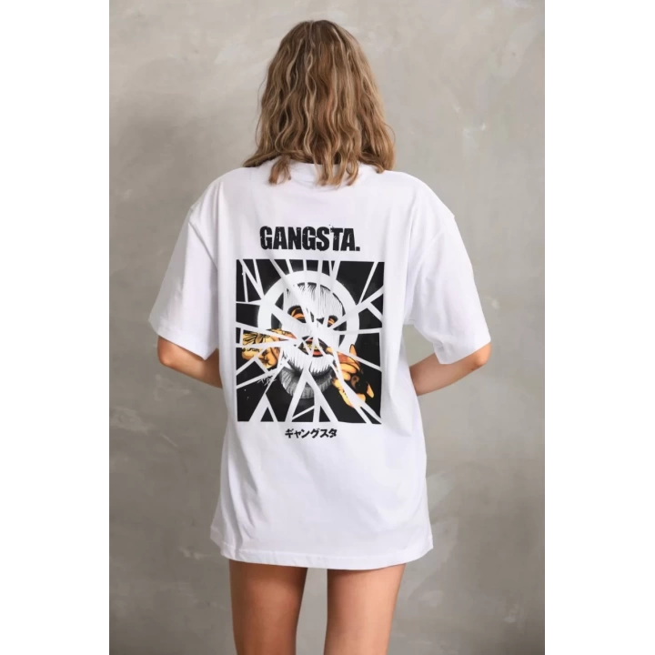 Unisex Baskılı Oversize T-Shirt - Beyaz