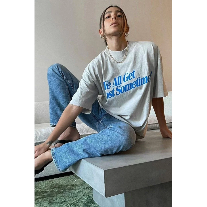 Unisex Baskılı Oversize T-Shirt - Beyaz