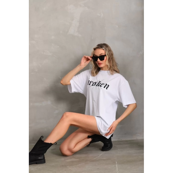 Unisex Baskılı Oversize T-Shirt - Beyaz