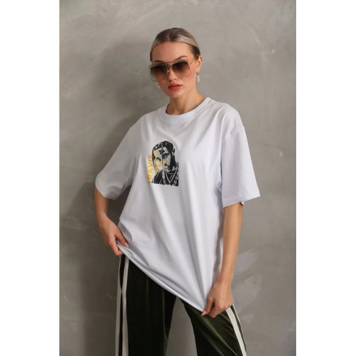 Unisex Baskılı Oversize T-Shirt - Beyaz