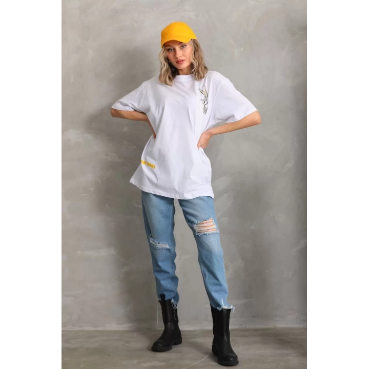 Unisex Baskılı Oversize T-Shirt - Beyaz