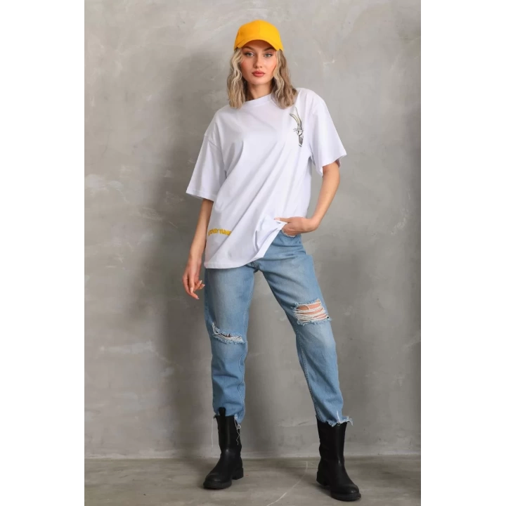 Unisex Baskılı Oversize T-Shirt - Beyaz