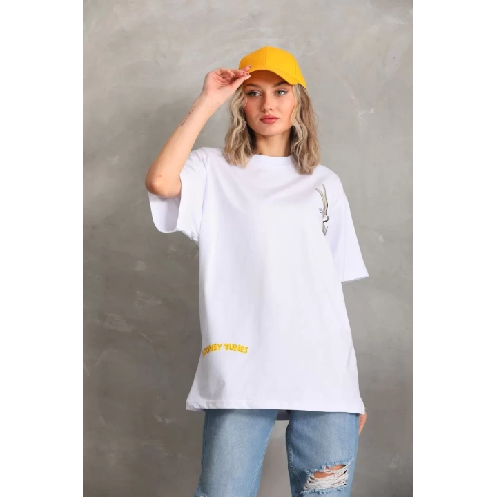 Unisex Baskılı Oversize T-Shirt - Beyaz