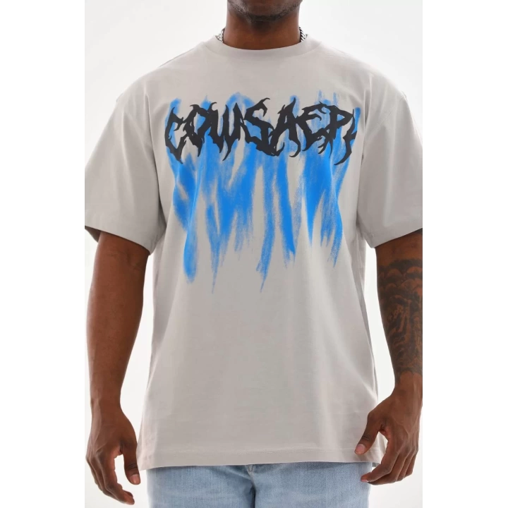 Unisex Baskılı Oversize T-Shirt - Gri