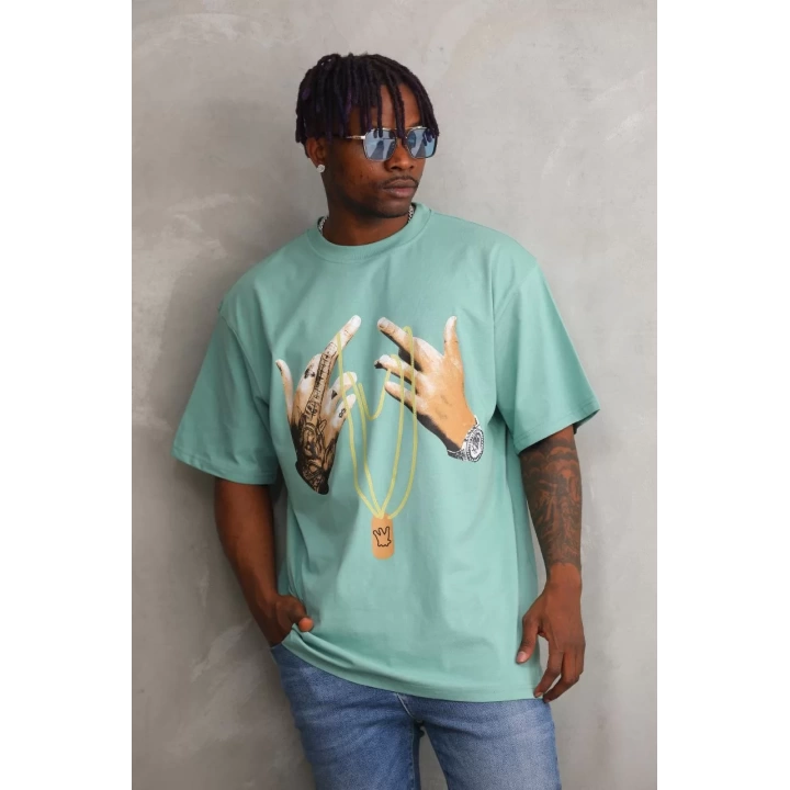 Unisex Baskılı Oversize T-Shirt - Mint Yeşili