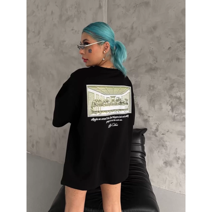 Unisex Baskılı Oversize T-Shirt - Siyah