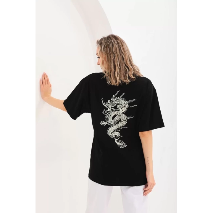 Unisex Baskılı Oversize T-Shirt - Siyah