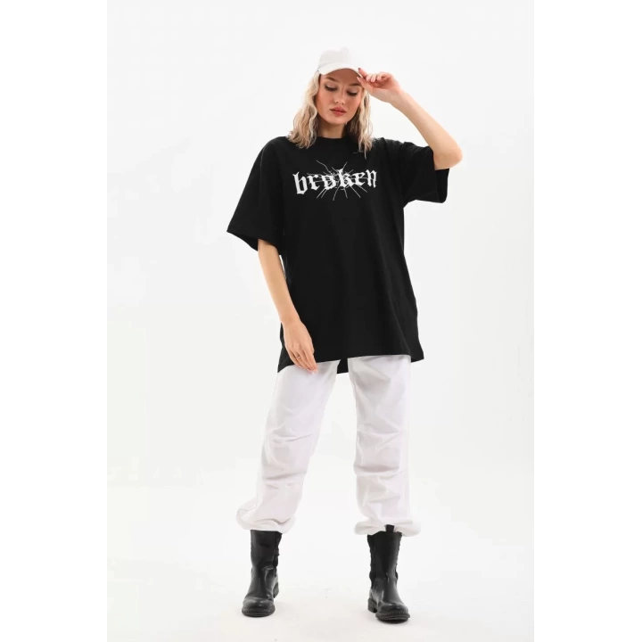 Unisex Baskılı Oversize T-Shirt - Siyah