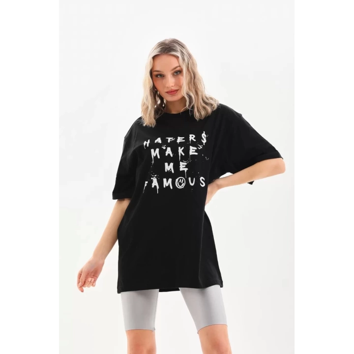 Unisex Baskılı Oversize T-Shirt - Siyah